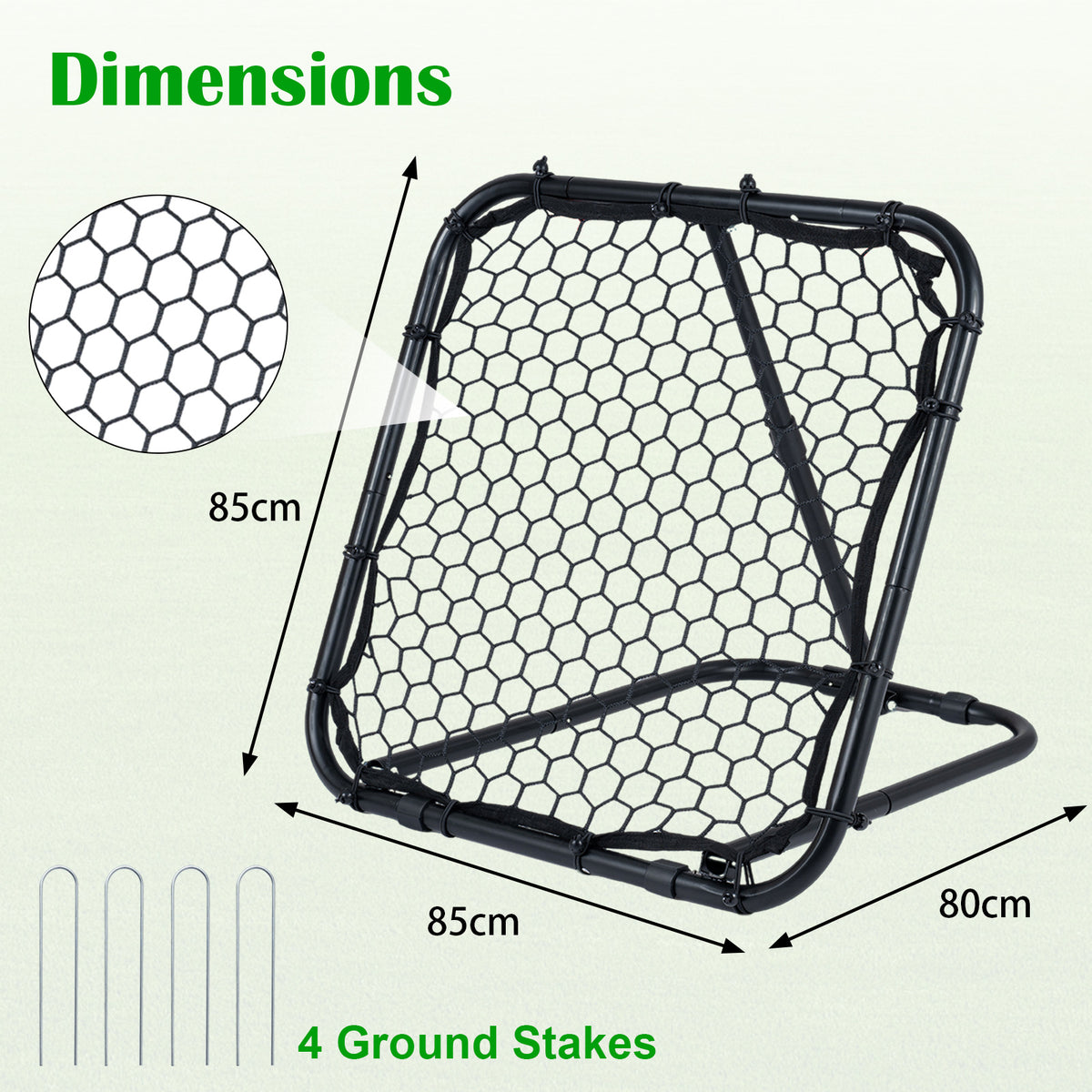 Dimensions diagram showing the size of the football rebounder and ground stakes