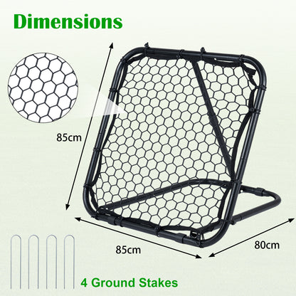 Dimensions diagram showing the size of the football rebounder and ground stakes