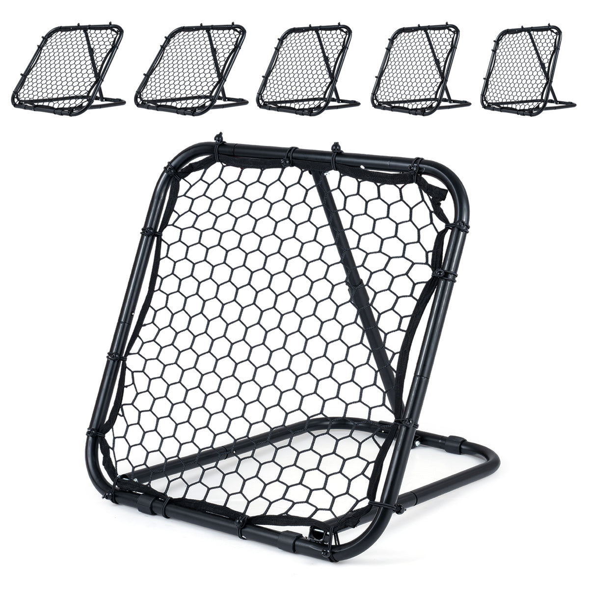 The football rebounder shown from the front with five different angle settings