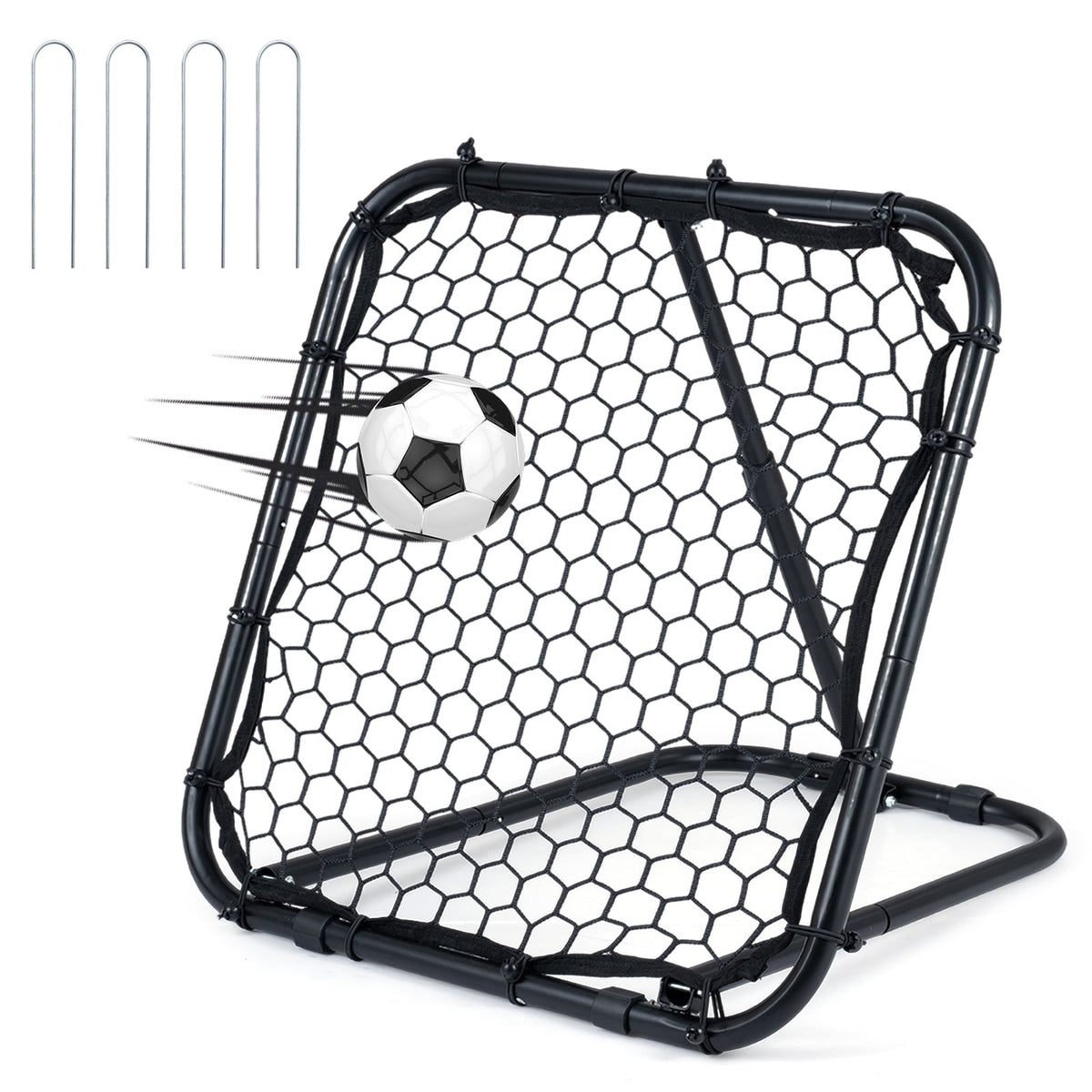 Football Rebounder with a soccer ball in motion hitting the net