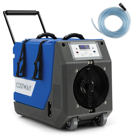 85L/Day Commercial Dehumidifier with Pump and 24H Timer, a blue and grey unit with wheels and a handle