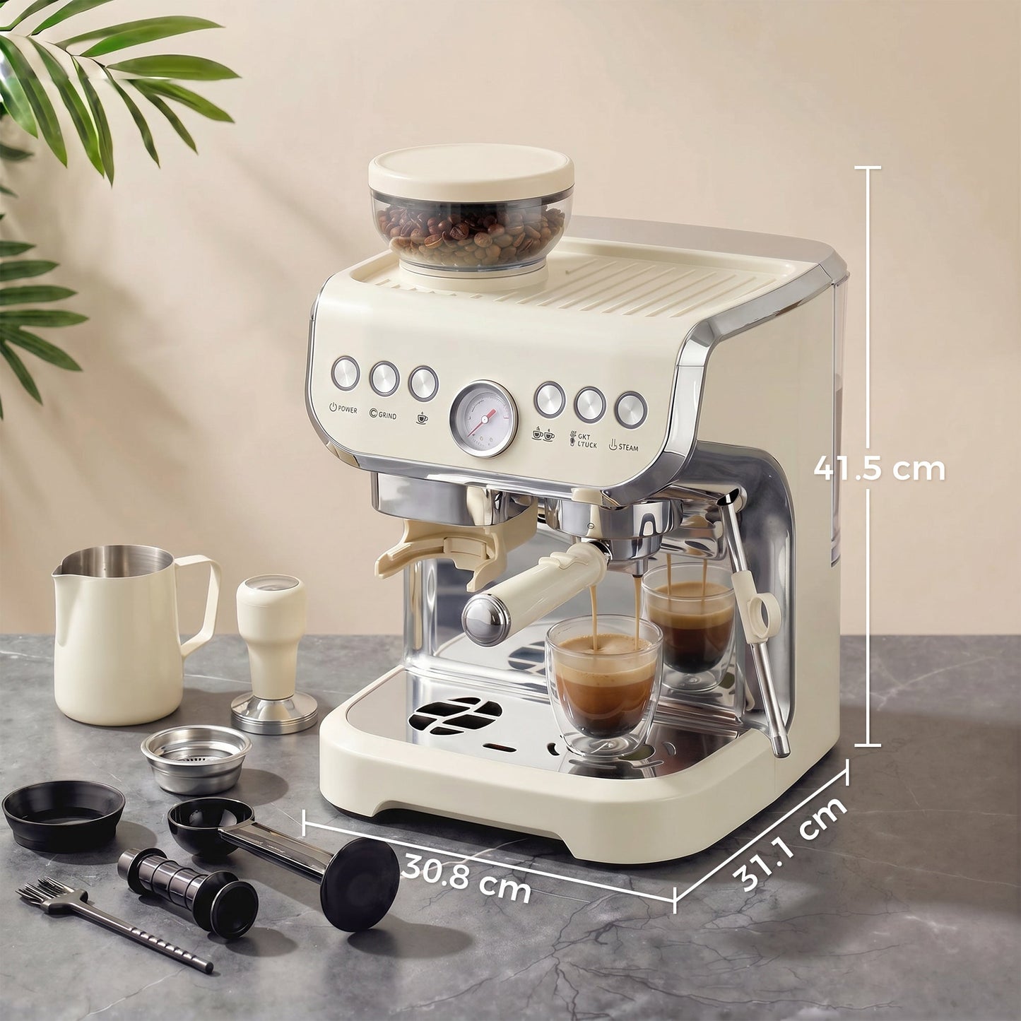 HOMCOM Bean to Cup Coffee Machine, Espresso Machine with Integrated Bean Grinder & Steam Wand, Cream White