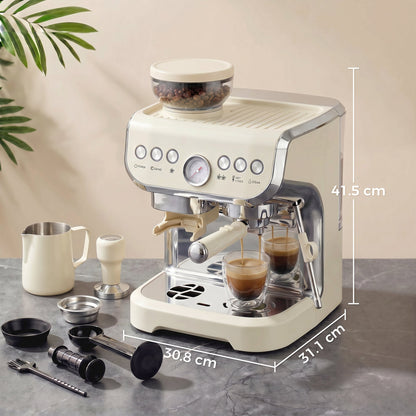 HOMCOM Bean to Cup Coffee Machine, Espresso Machine with Integrated Bean Grinder & Steam Wand, Cream White