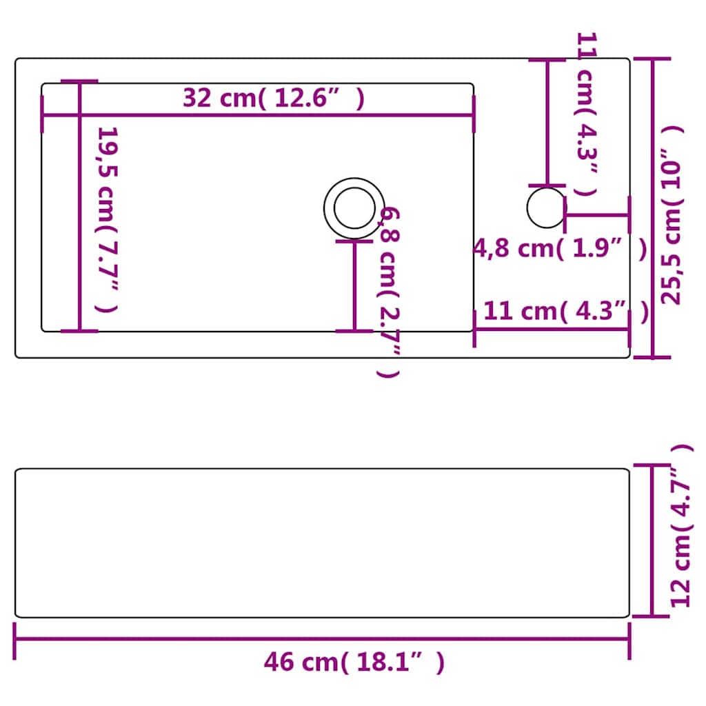 vidaXL Basin with Faucet Hole Rectangular Ceramic White 46x25.5x12 cm 6