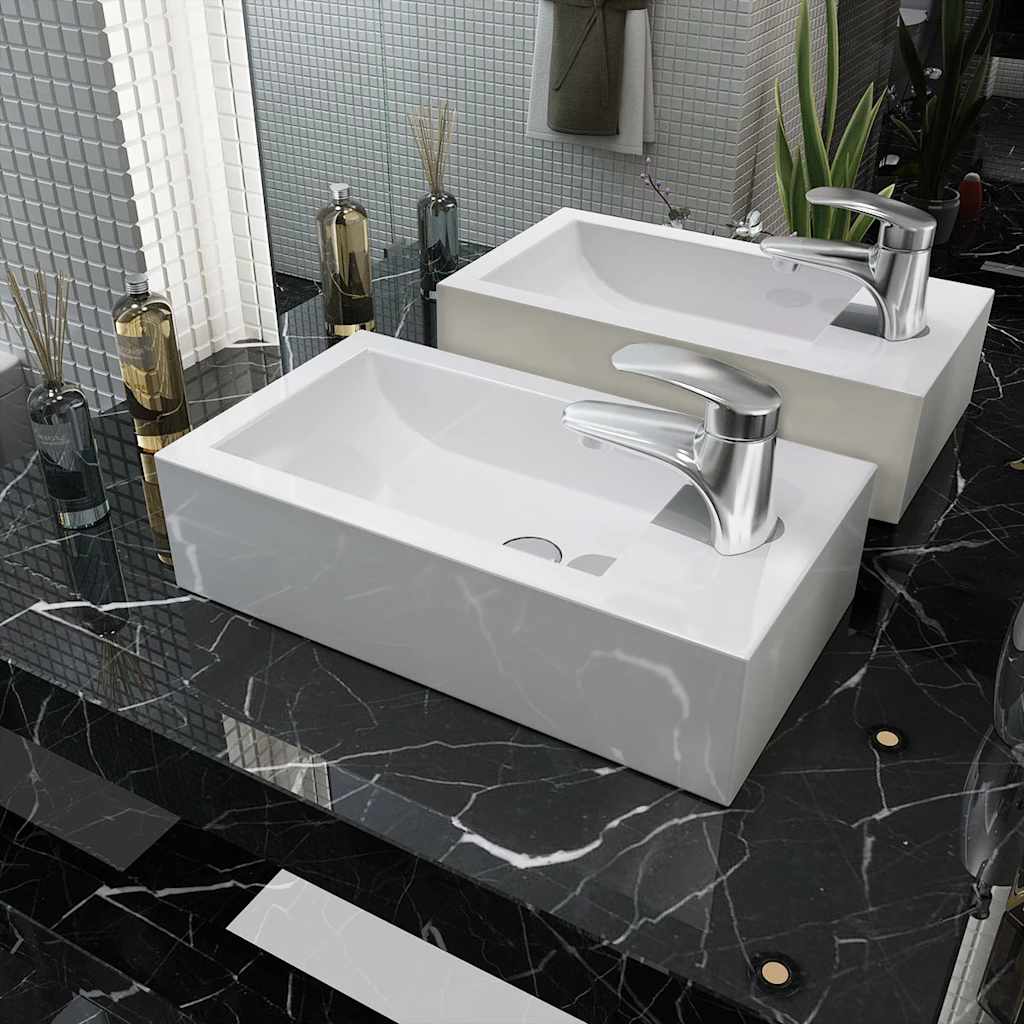 vidaXL Basin with Faucet Hole Rectangular Ceramic White 46x25.5x12 cm 1