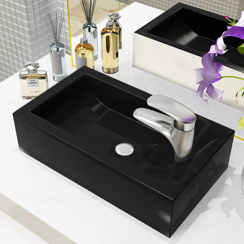 142738 vidaXL Basin with Faucet Hole Rectangular Ceramic Black 46x25,5x12 cm 1
