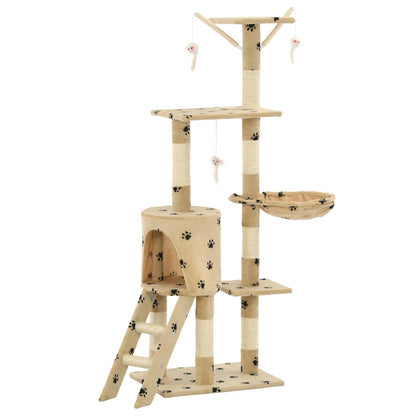vidaXL Cat Tree | Beige with paw prints | Particle board, Sisal rope, Soft plush 2