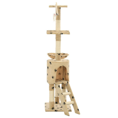 vidaXL Cat Tree | Beige with paw prints | Particle board, Sisal rope, Soft plush 4