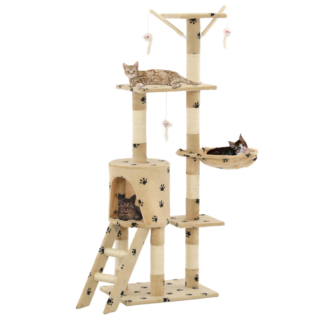 vidaXL Cat Tree | Beige with paw prints | Particle board, Sisal rope, Soft plush 1