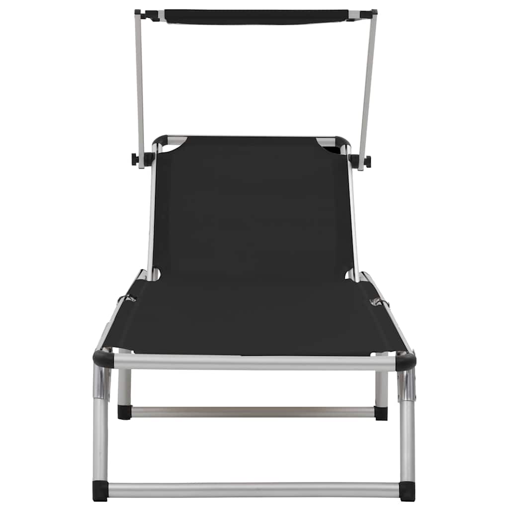 vidaXL Folding Sun Lounger with Roof Aluminium and Textilene Black 4