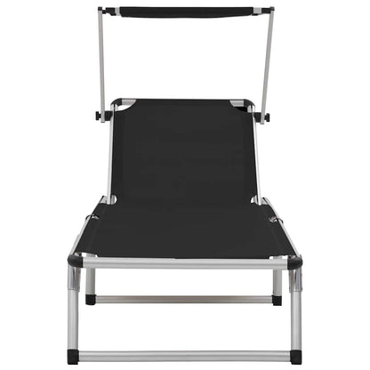 vidaXL Folding Sun Lounger with Roof Aluminium and Textilene Black 4