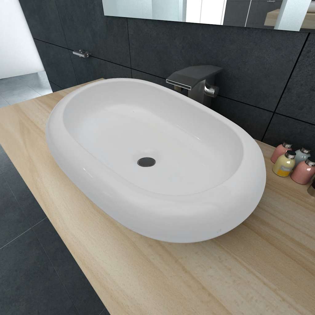 vidaXL Luxury Ceramic Basin Oval-shaped Sink White 63 x 42 cm 1