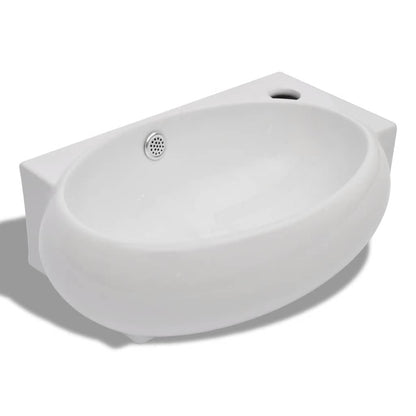 Ceramic Sink Basin Faucet & Overflow Hole Bathroom White 2
