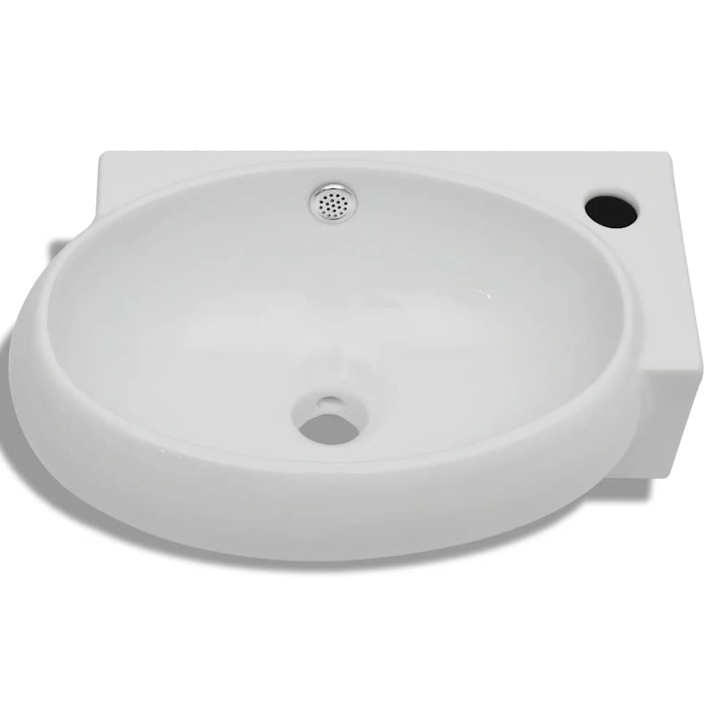 Ceramic Sink Basin Faucet & Overflow Hole Bathroom White 3