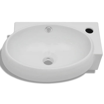 Ceramic Sink Basin Faucet & Overflow Hole Bathroom White 3