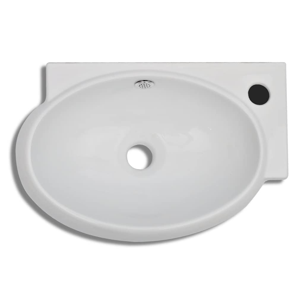 Ceramic Sink Basin Faucet & Overflow Hole Bathroom White 4