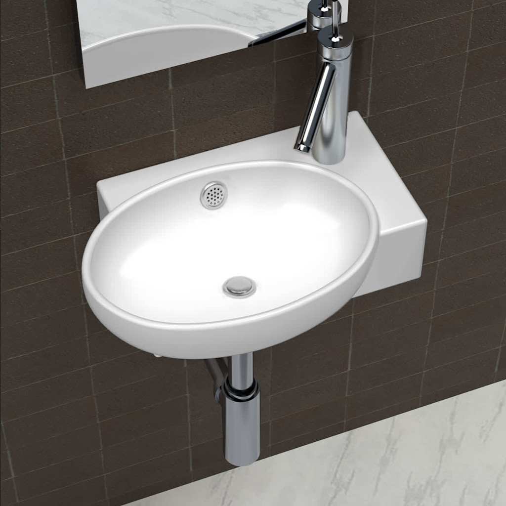 Ceramic Sink Basin Faucet & Overflow Hole Bathroom White 1