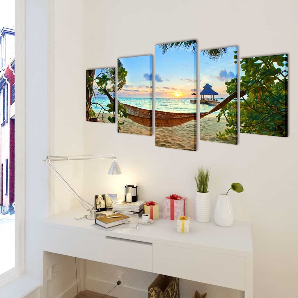 vidaXL Canvas Wall Print Set Sand Beach with Hammock 200 x 100 cm 2