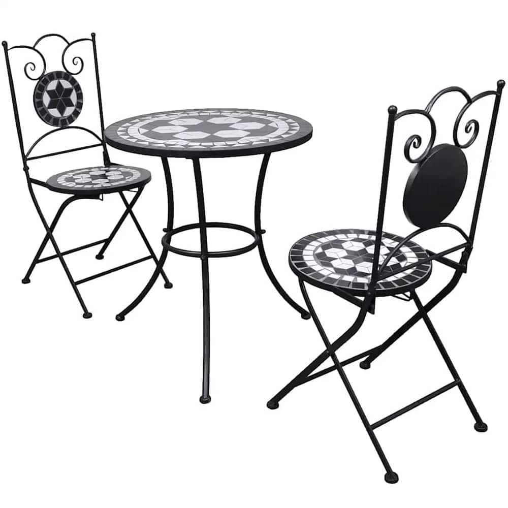 3 Piece Bistro Set Ceramic Tile Black and white Round
