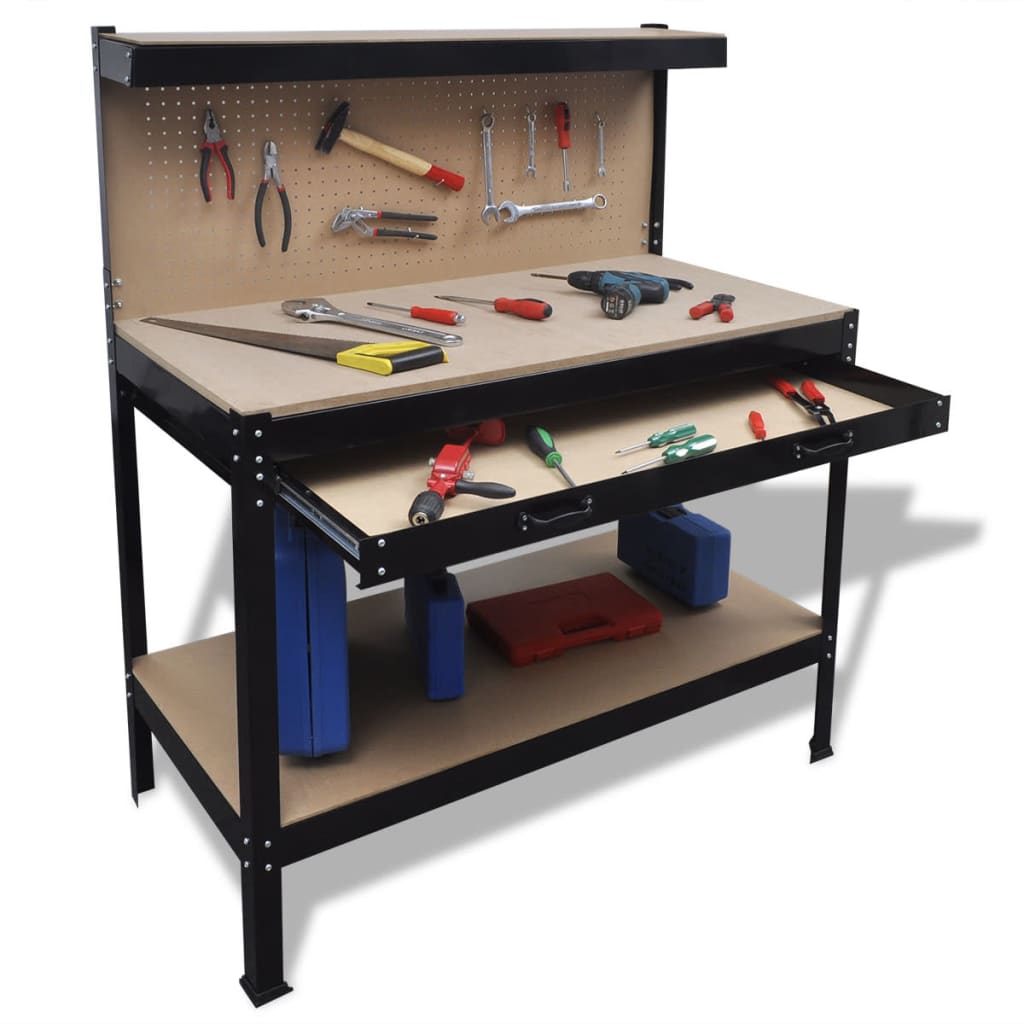 vidaXL Workbench Black 81 x 41 x 145 cm Engineered Wood and Metal