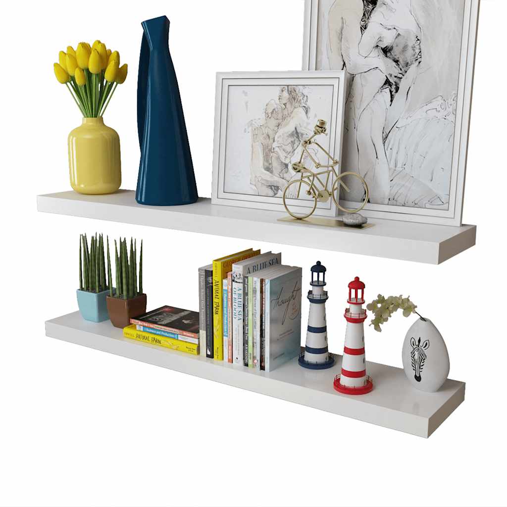 vidaXL 2 White MDF Floating Wall Display Shelves Book/DVD Storage 4