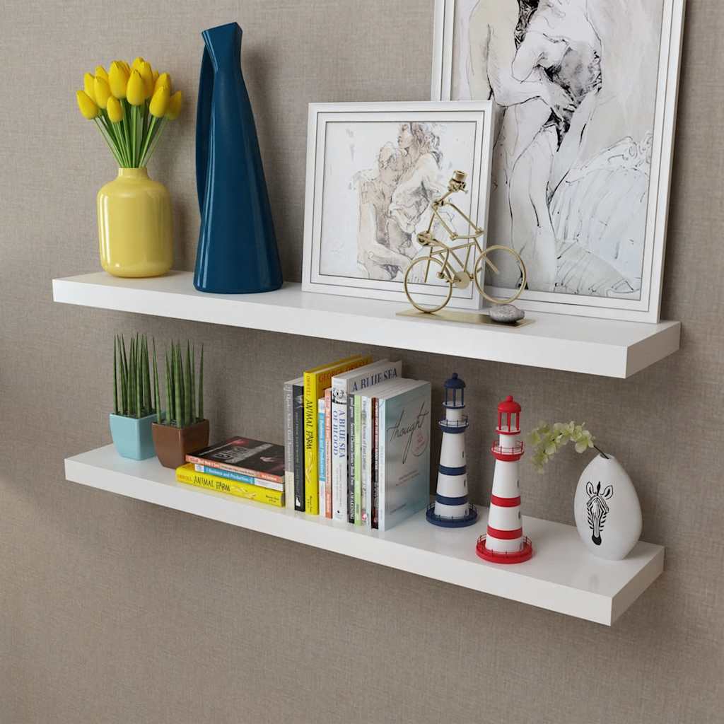 vidaXL 2 White MDF Floating Wall Display Shelves Book/DVD Storage 1