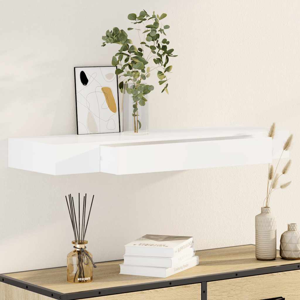 White MDF Floating Wall Display Shelf 1 Drawer Book/DVD Storage 1