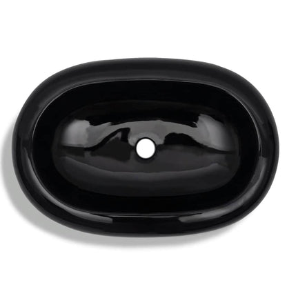 vidaXL Ceramic Bathroom Sink Basin Black Oval 5