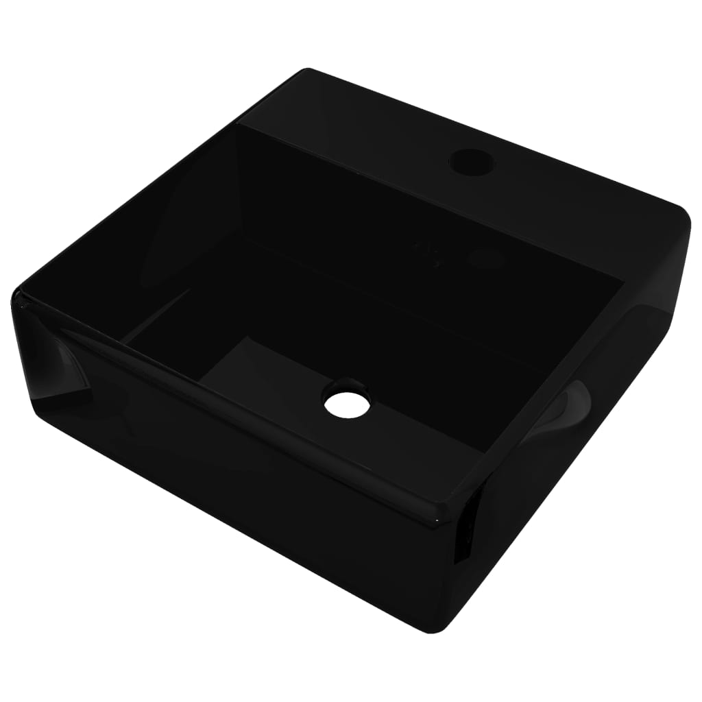 vidaXL Ceramic Bathroom Sink Basin Faucet /Overflow Hole Black Square 2