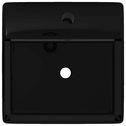 vidaXL Ceramic Bathroom Sink Basin Faucet /Overflow Hole Black Square 3