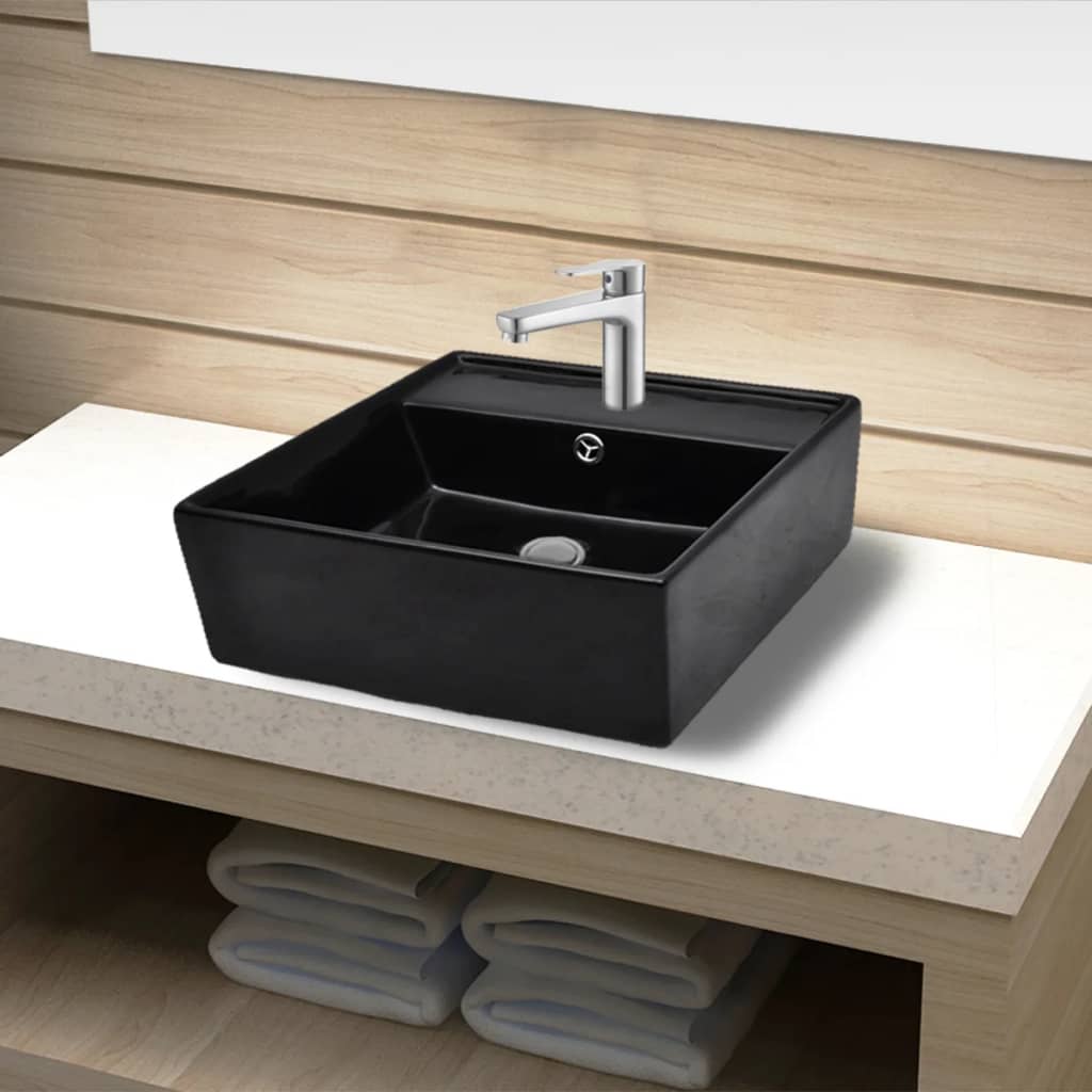 vidaXL Ceramic Bathroom Sink Basin Faucet /Overflow Hole Black Square 1