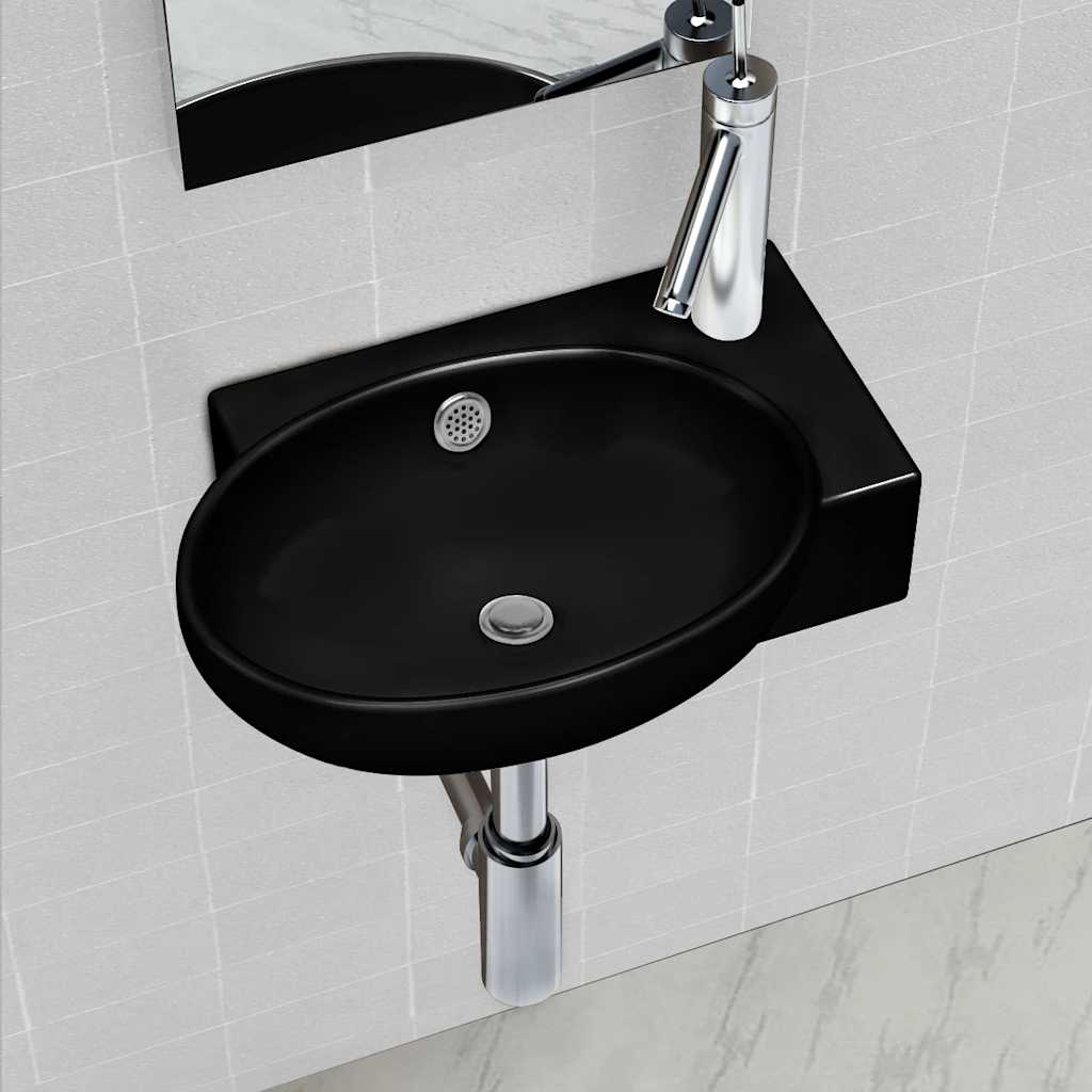Ceramic Bathroom Sink Basin Faucet/Overflow Hole Black Round 1