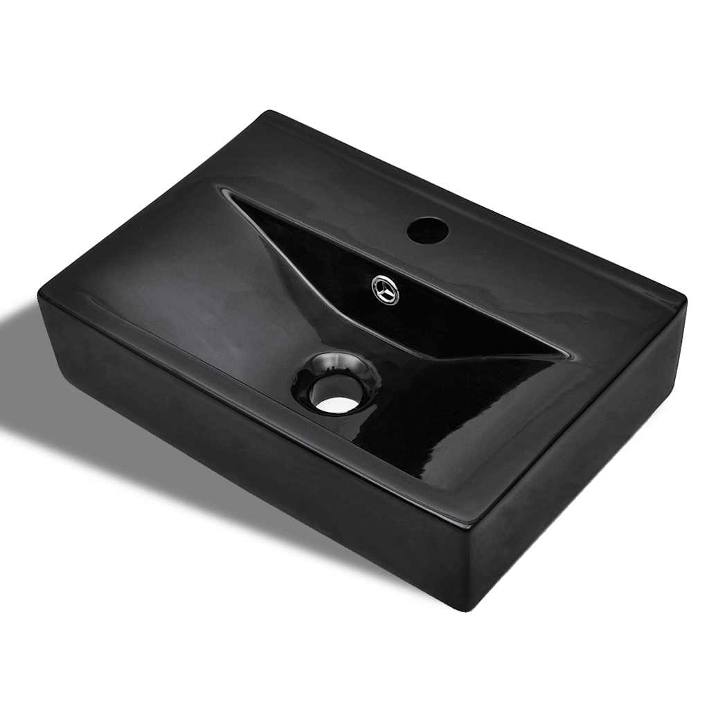 141933 Ceramic Bathroom Sink Basin Faucet/Overflow Hole Black Rectangular 2