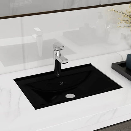 141933 Ceramic Bathroom Sink Basin Faucet/Overflow Hole Black Rectangular 1
