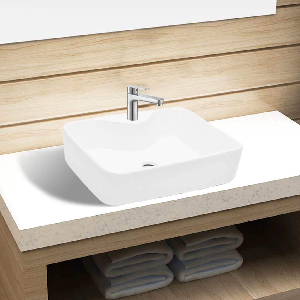 Ceramic Bathroom Sink Basin with Faucet Hole White Square 1