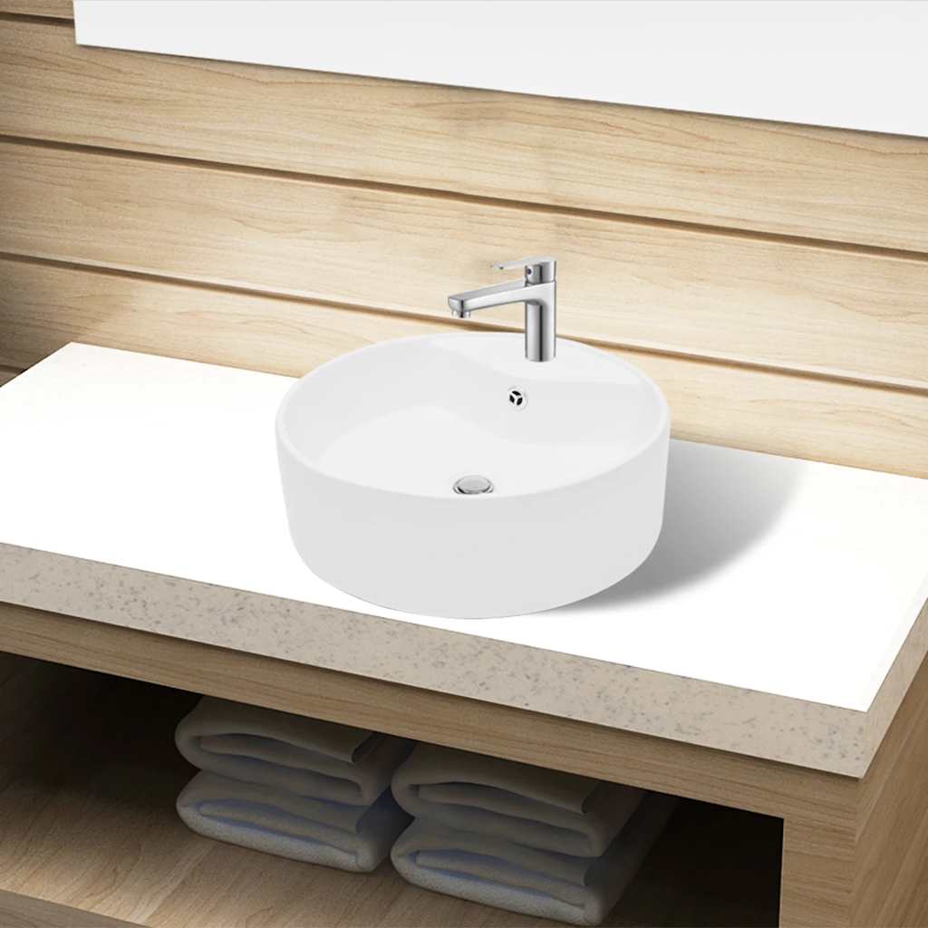 vidaXL Ceramic Bathroom Sink Basin Faucet/Overflow Hole White Round 1