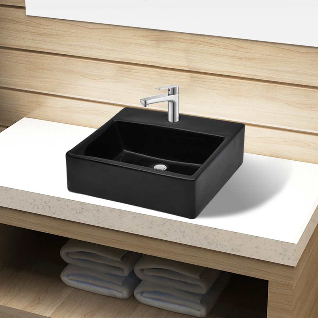 Ceramic Bathroom Sink Basin with Faucet Hole Black Square 1