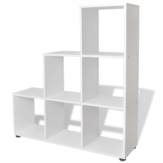 The white staircase bookcase is shown from the front with six open cube sections