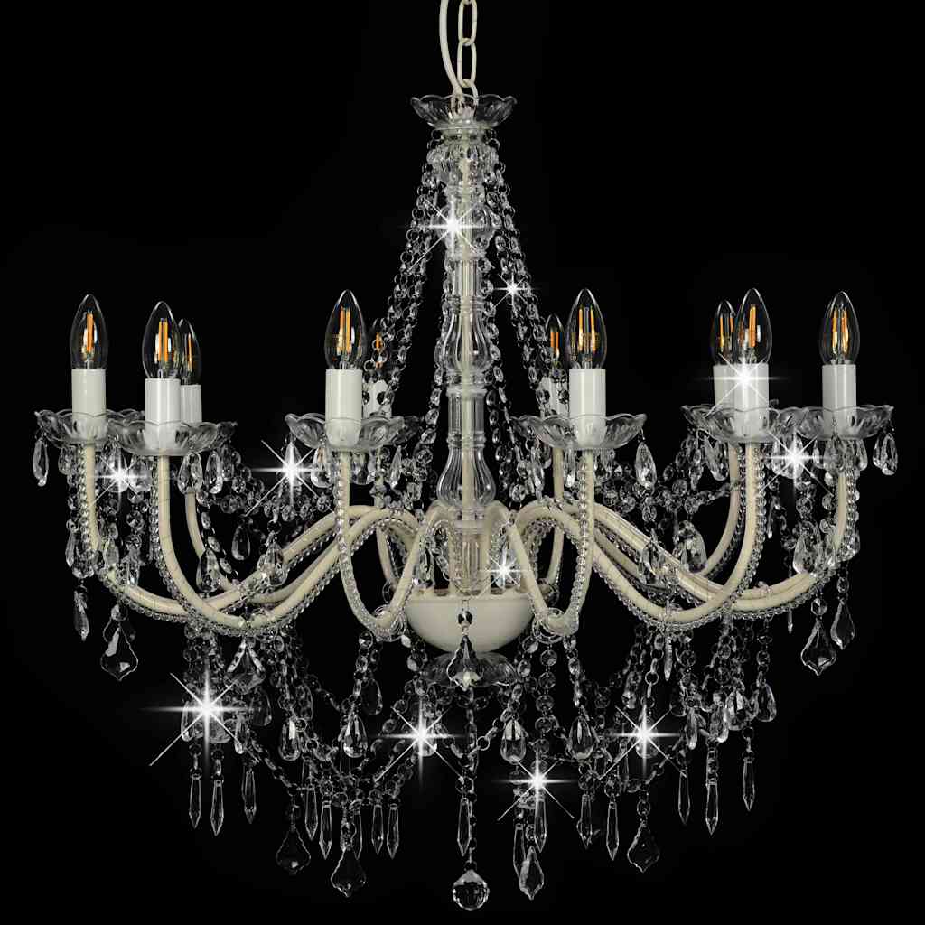Chandelier with Beads 12 x E14 Bulbs White Ø 80 x 75 cm