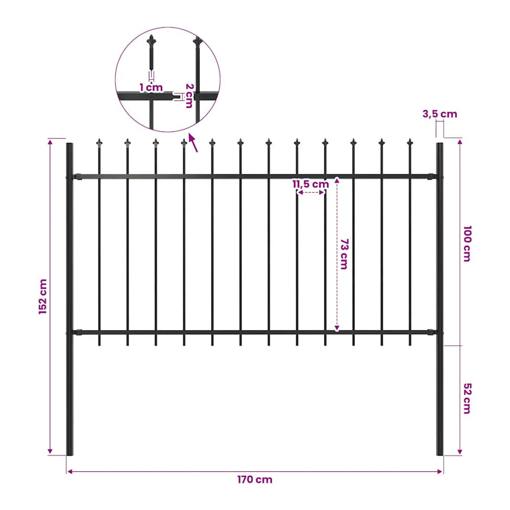 Garden Fence with Spear Top Steel 337x100 cm Black 170 cm
