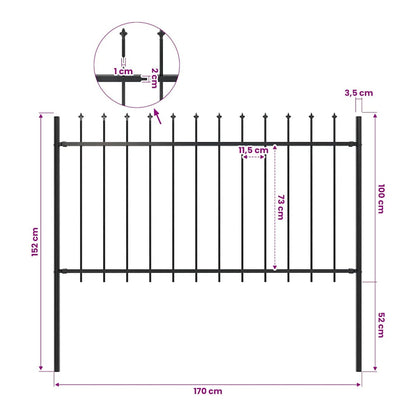 Garden Fence with Spear Top Steel 337x100 cm Black 170 cm