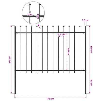 Garden Fence with Spear Top Steel 337x120 cm Black 170 cm