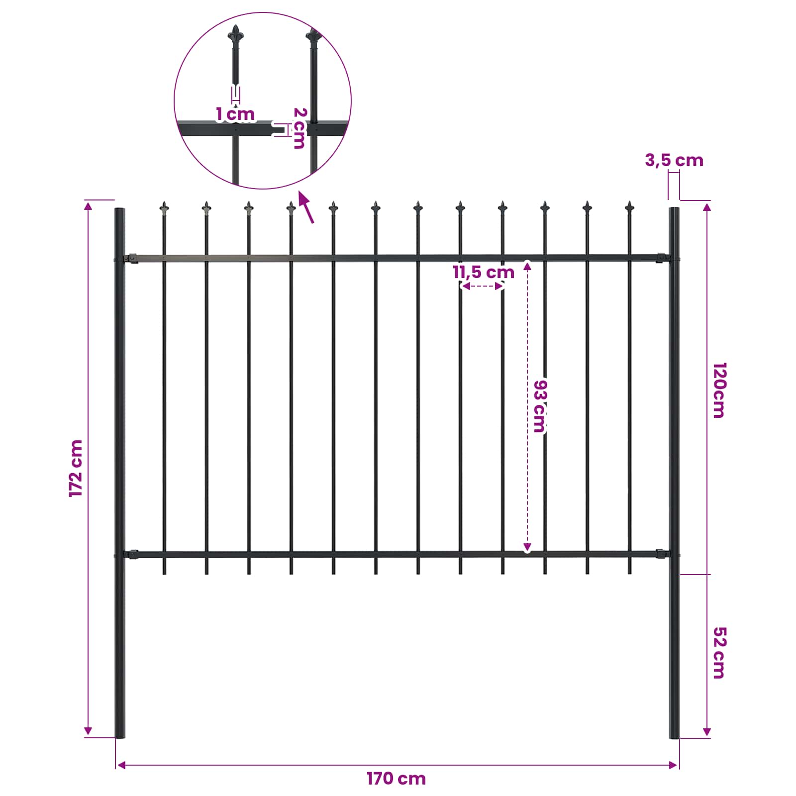vidaXL Garden Fence "Woerden" with Spear Top Steel 170x120 cm Black 5