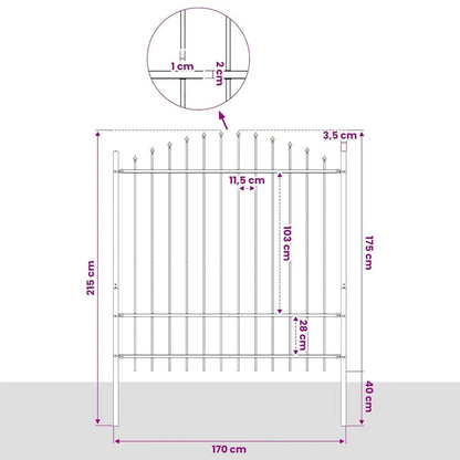 Garden Fence with Spear Top Steel 337x175 cm Black Height 150-175 cm 170 cm