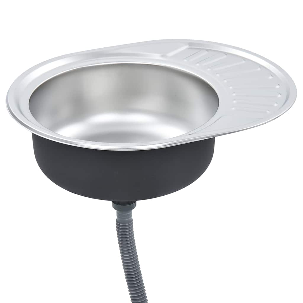 vidaXL Kitchen Sink with Strainer and Trap Oval Stainless Steel 2