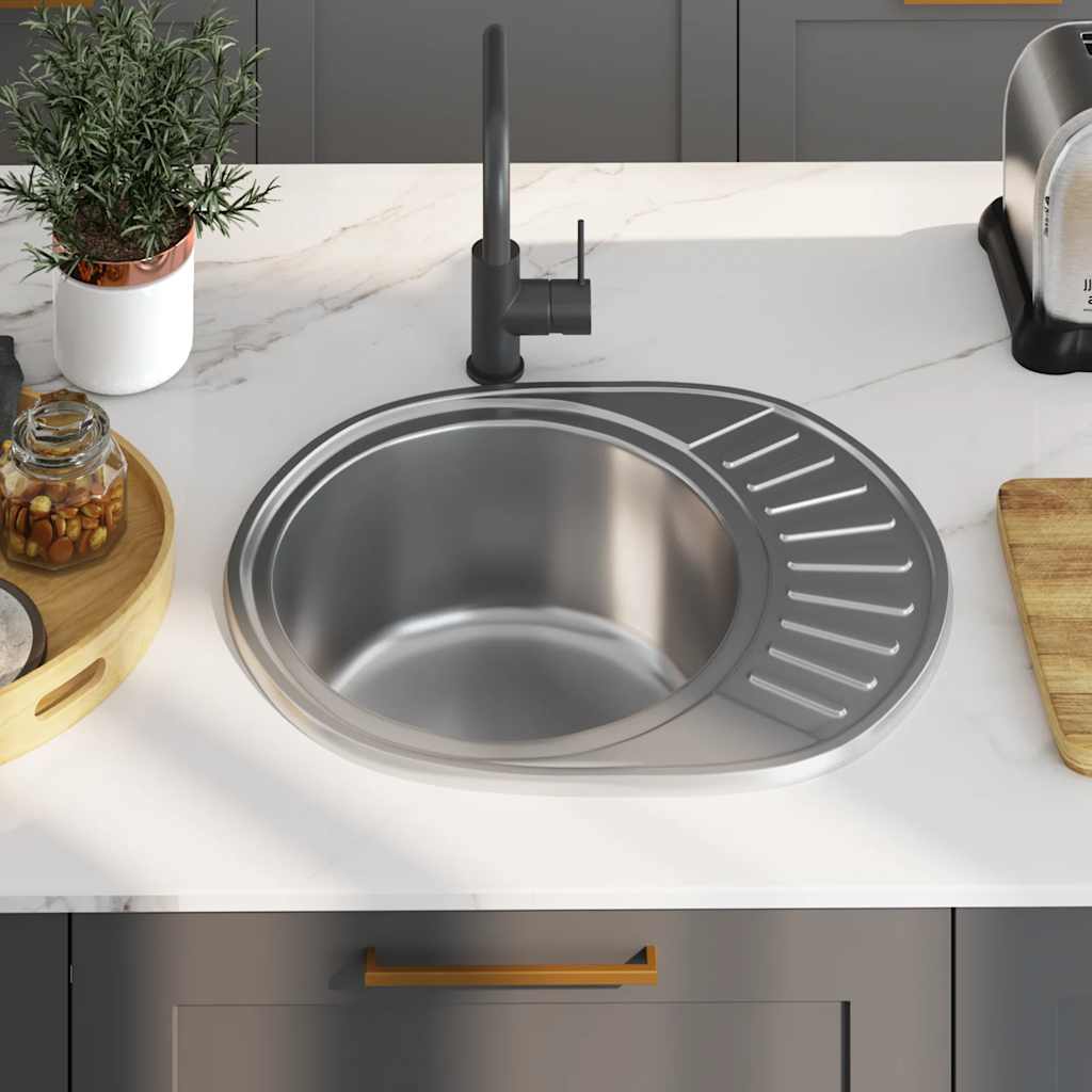 vidaXL Kitchen Sink with Strainer and Trap Oval Stainless Steel 3