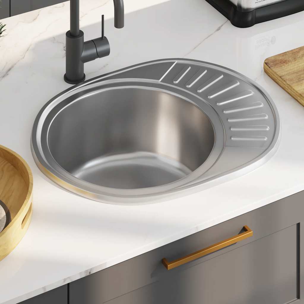 vidaXL Kitchen Sink with Strainer and Trap Oval Stainless Steel 1
