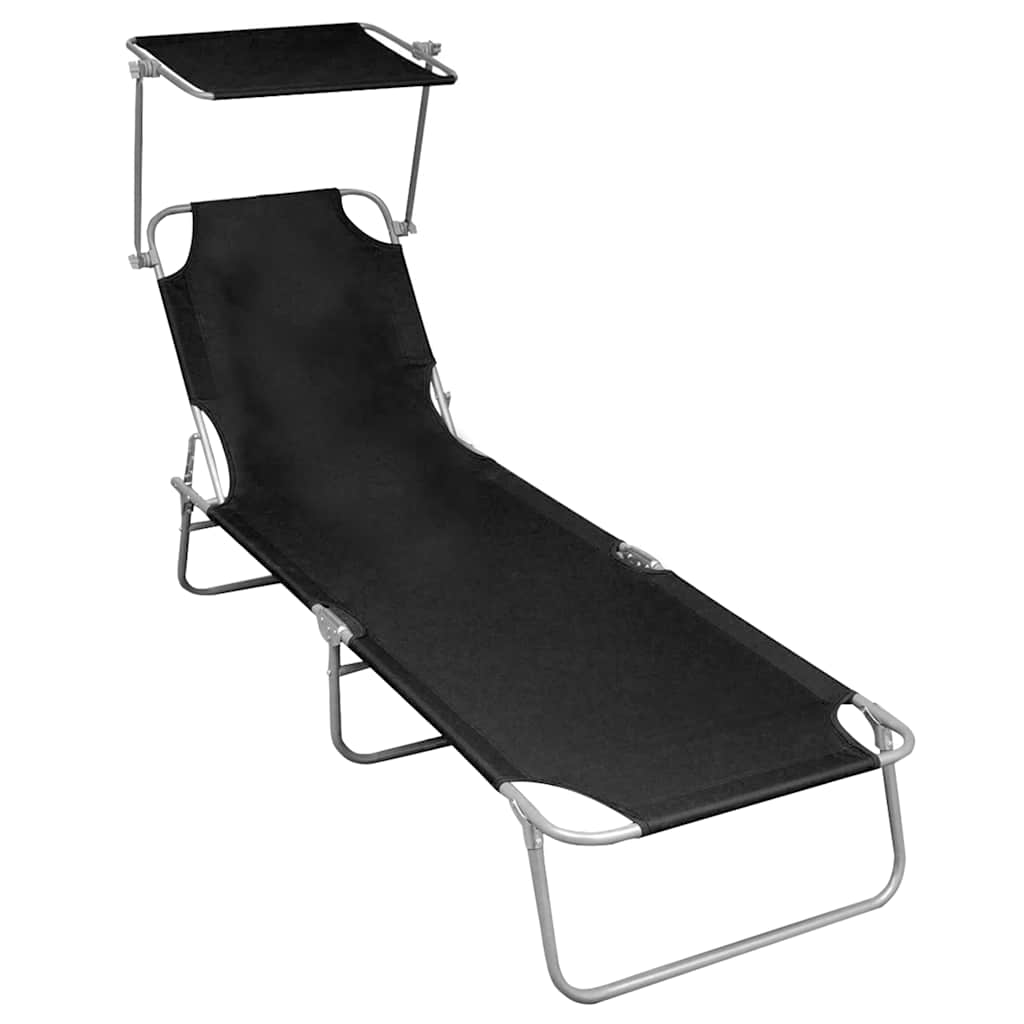 vidaXL Folding Sun Lounger with Canopy Black Aluminium 1