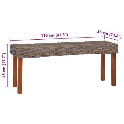 285791 vidaXL Bench 110 cm Natural Kubu Rattan and Solid Mahogany Wood 6