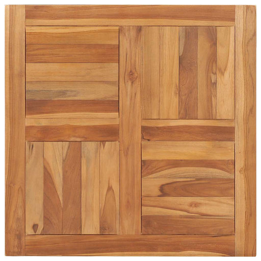 The square teak wood table top has a parquet pattern made of planks